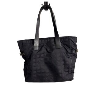 Chanel Black Nylon Tote Bag Travel Line Logo Shoulder Purse Vtg Authentic
